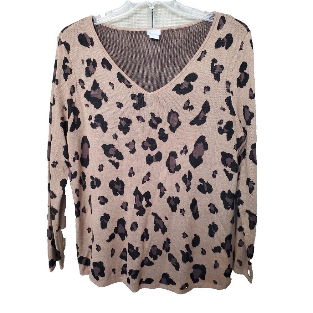 Chico' Brown Animal Print Rayon Long Sleeve V-Neck Sweater Size 2 Large